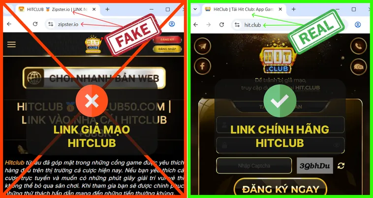 Trên logo thật Hit.Club, không có ký tự hay số thừa, trong khi logo giả Hit.Club đôi khi thêm “VIP” hoặc số khác.